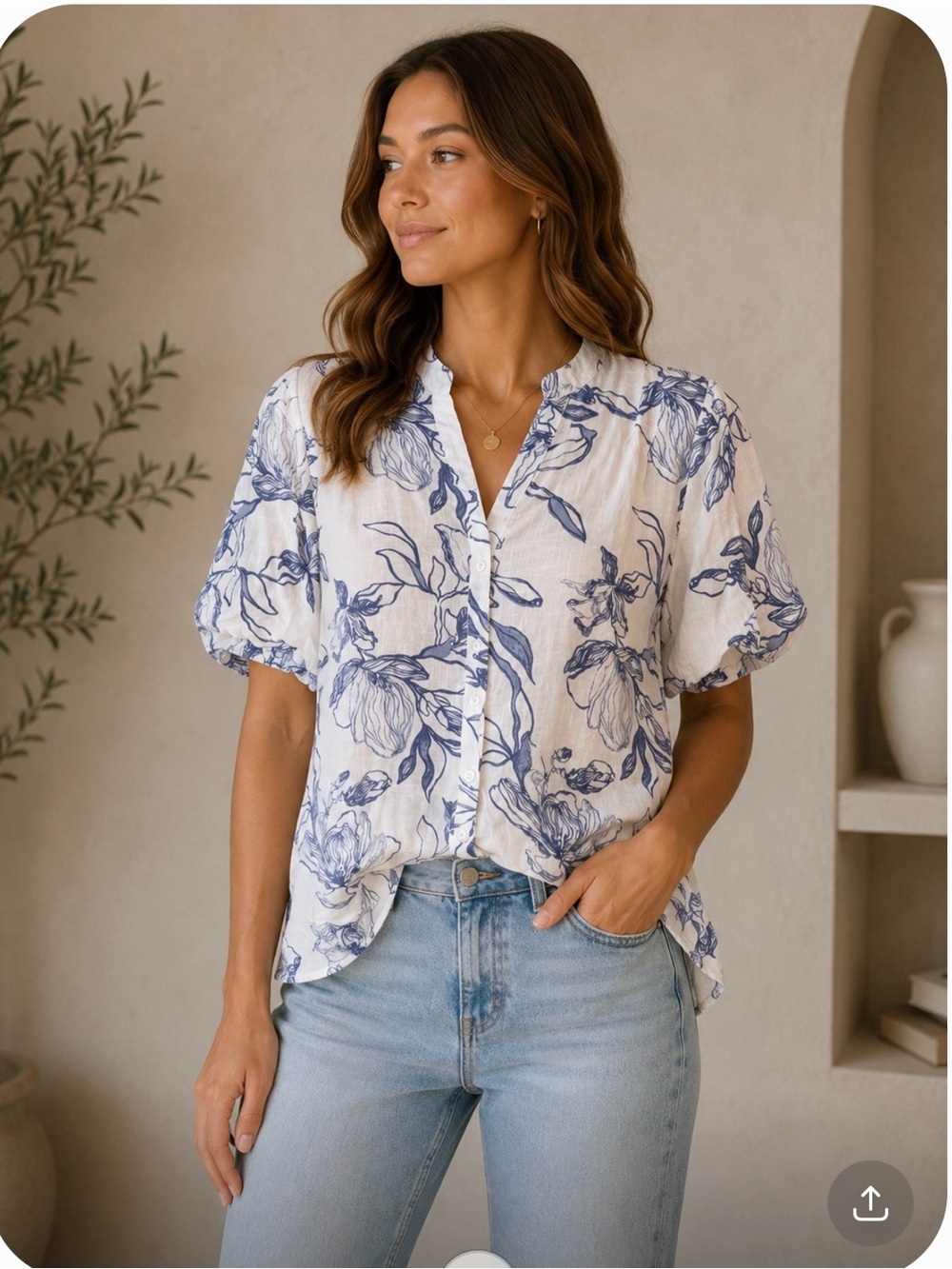 White Blue Floral 100% Cotten Puff Sleeve Blouse